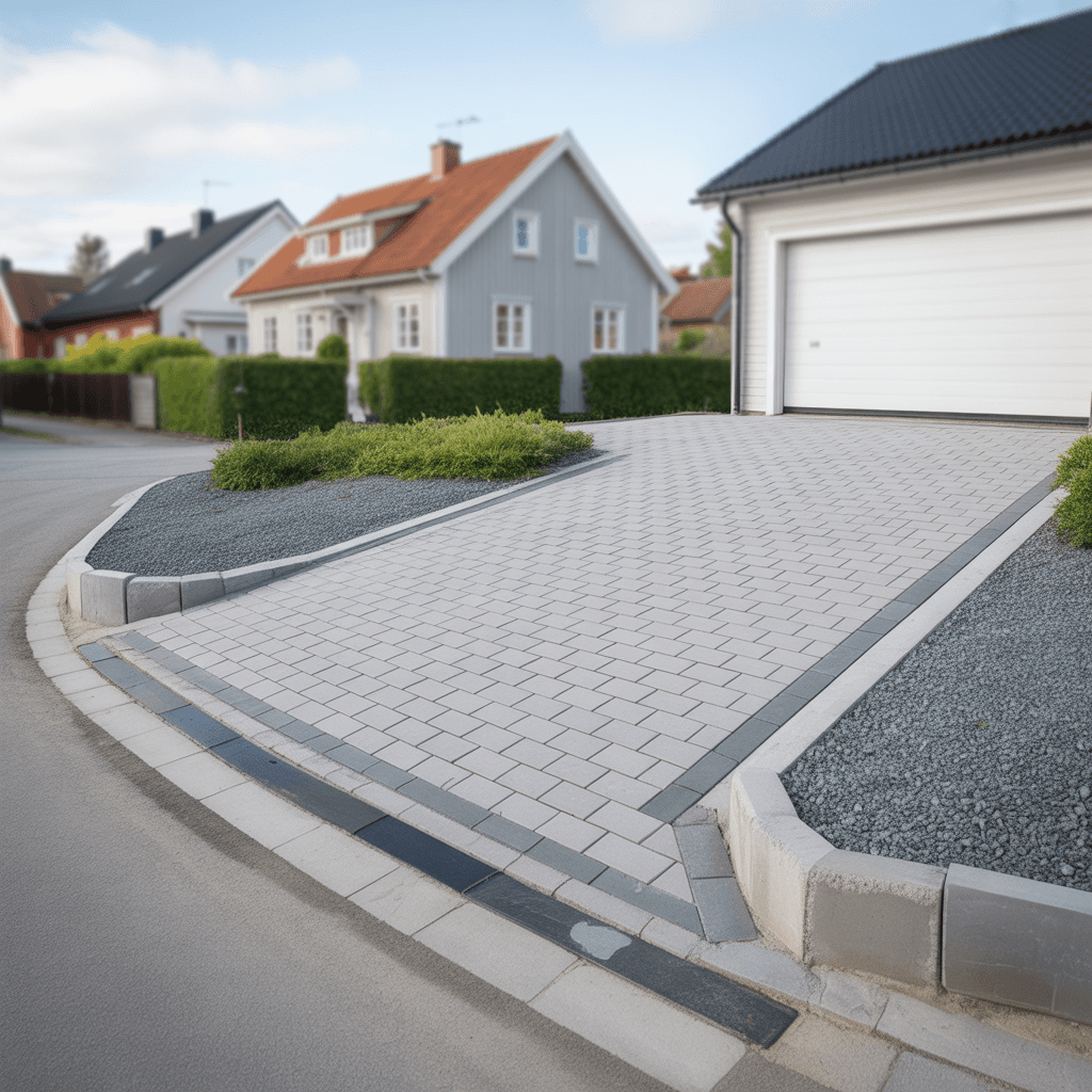 Sättning av marksten på garageuppfart med kantstöd i Kålltorp, Göteborg