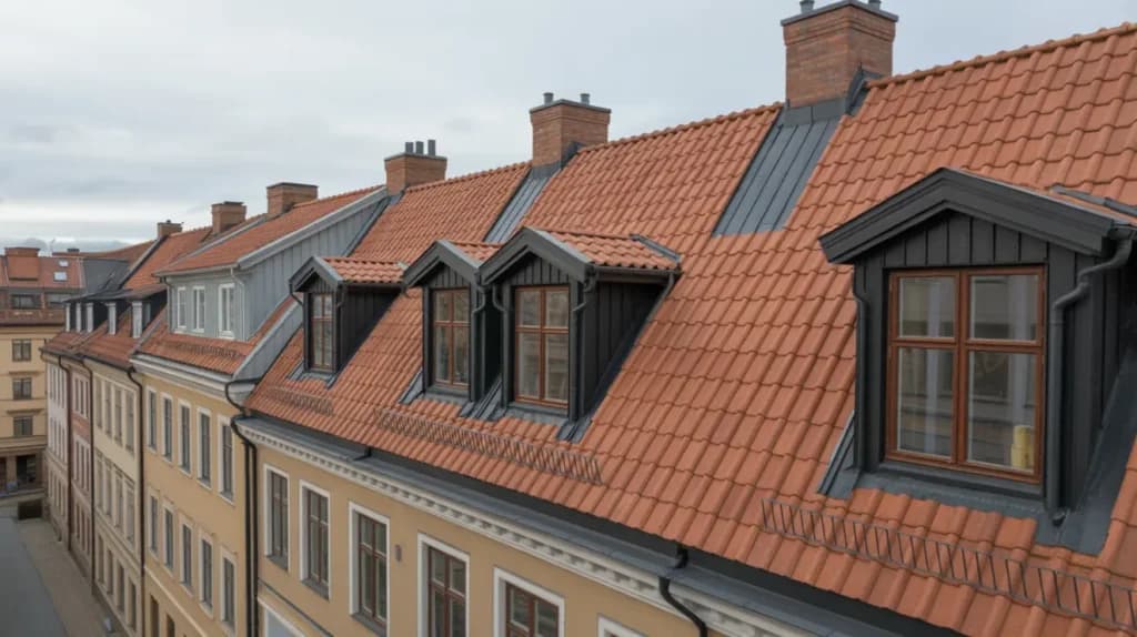 Takläggning med tegelpannor på flerbostadshus i Majorna, Göteborg